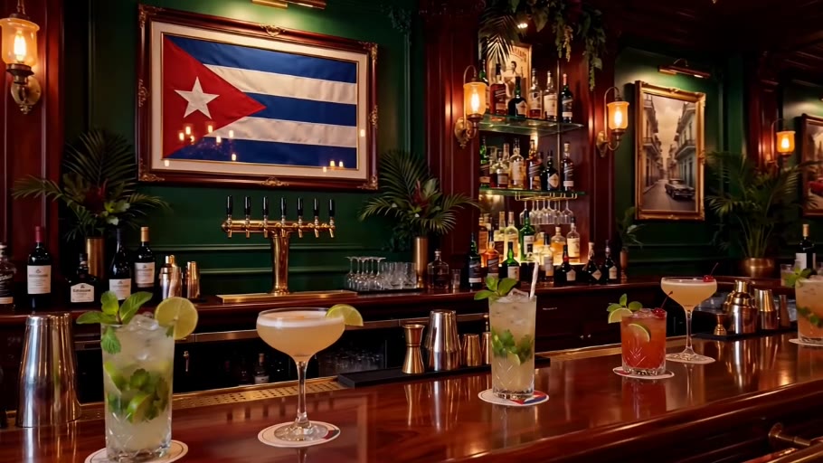 Barra cubana con bandera y cócteles